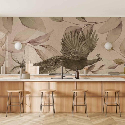 Fototapeta - Ptak wśród liści - motyw roślinny z lecącym pawiem w chłodnych tonach