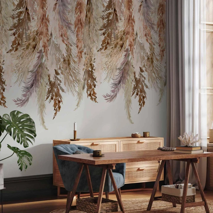 Fototapeta - Minimalistyczny pejzaż boho - zwisające liście w beżowych barwach