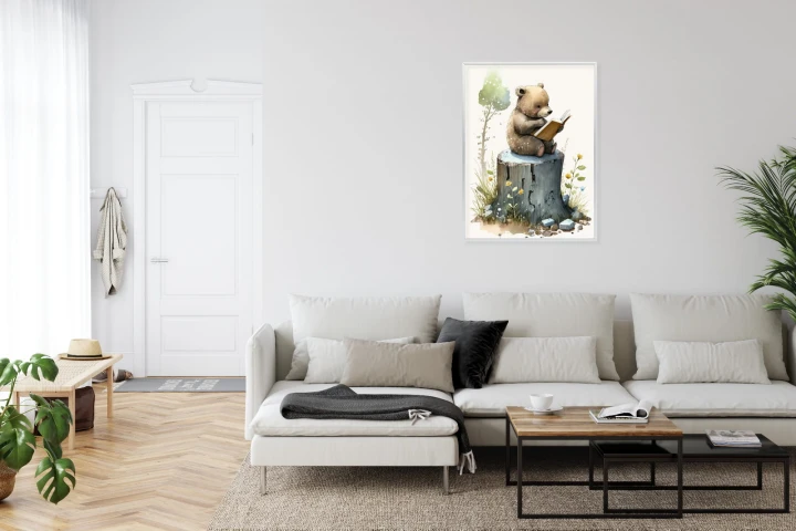 Plakat Niedźwiadek Czytający Bajki Na Pniu Drzewa