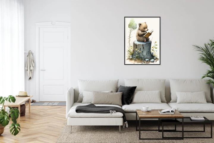 Plakat Niedźwiadek Czytający Bajki Na Pniu Drzewa