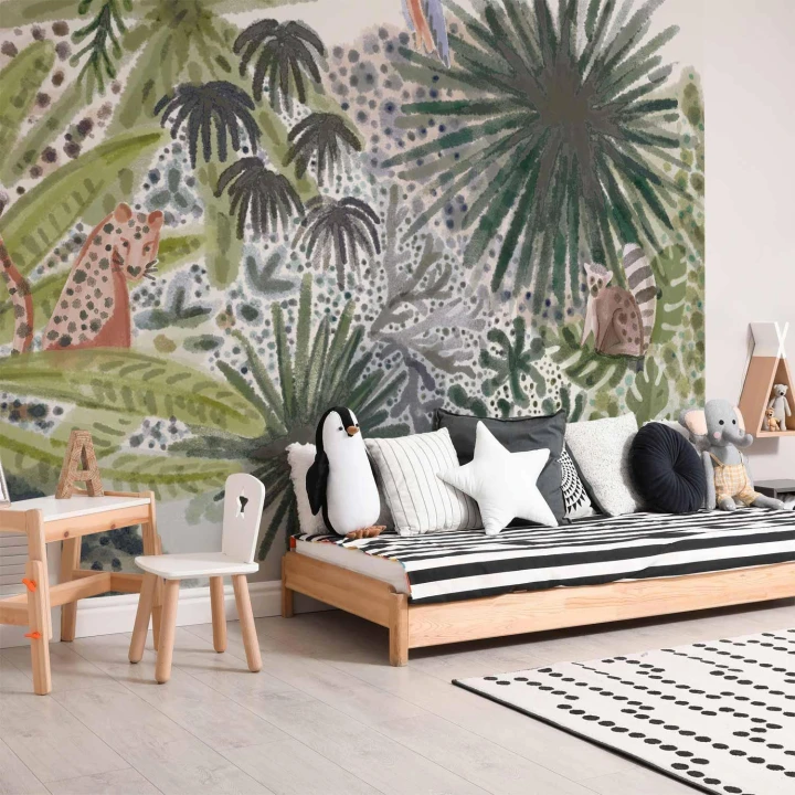 Fototapeta - Flora Madagaskaru - krajobraz tropikalny z akwarelowymi zwierzętami