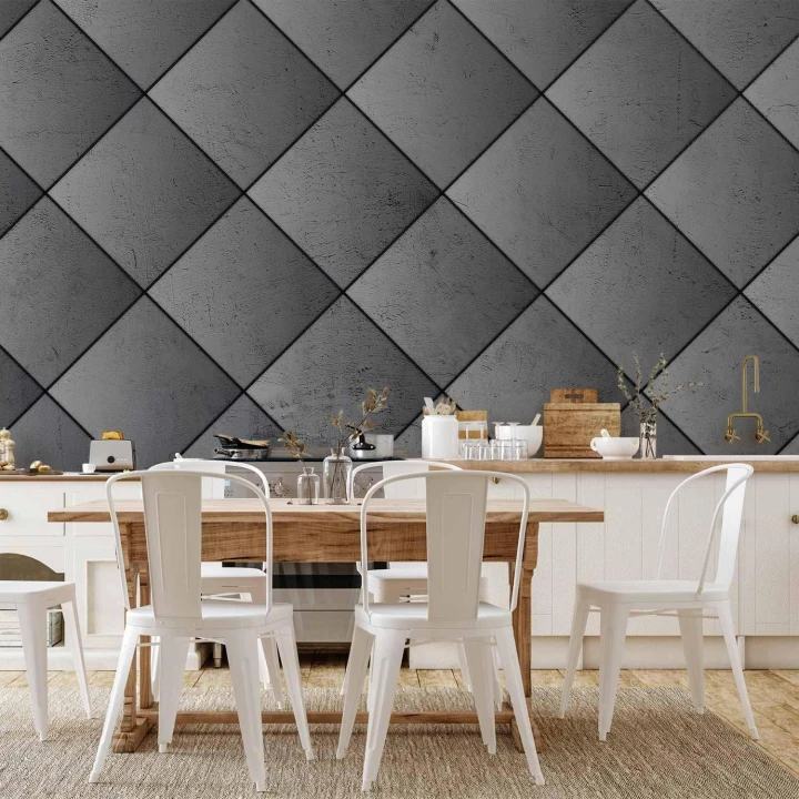 Fototapeta - Szara symetria - geometryczny wzór w deseń z betonu z czarnymi fugami