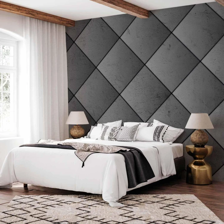 Fototapeta - Szara symetria - geometryczny wzór w deseń z betonu z czarnymi fugami