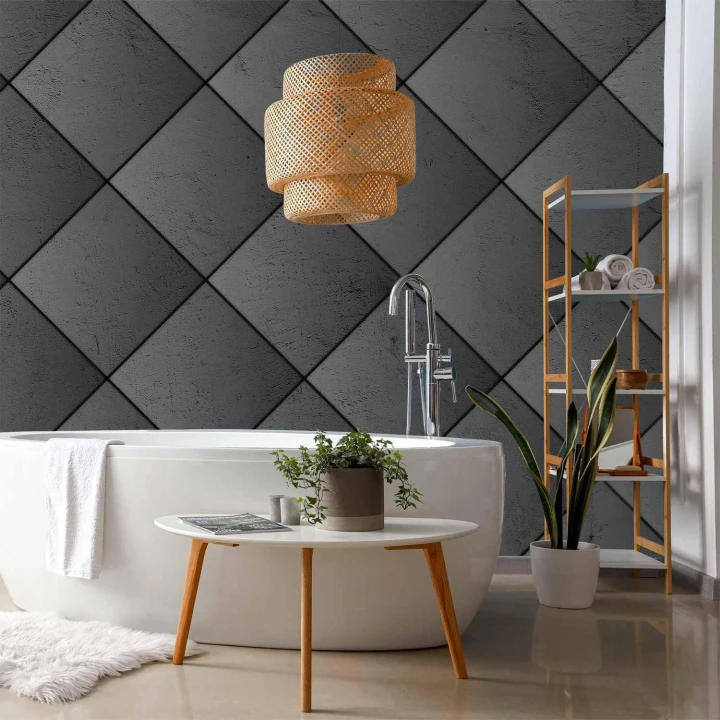 Fototapeta - Szara symetria - geometryczny wzór w deseń z betonu z czarnymi fugami