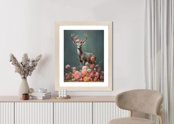 Plakat Jeleń Z Porożami I Mnóstwem Kwiatów