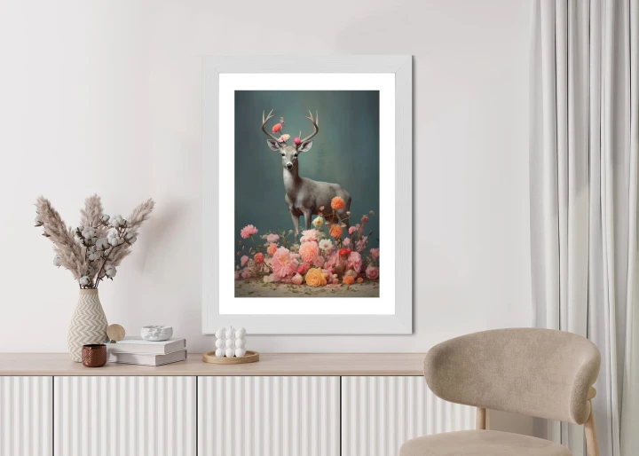 Plakat Jeleń Z Porożami I Mnóstwem Kwiatów