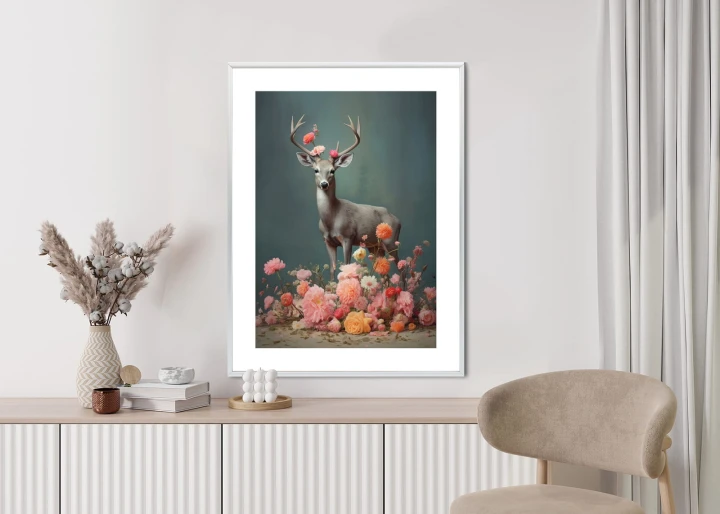 Plakat Jeleń Z Porożami I Mnóstwem Kwiatów