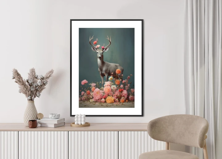 Plakat Jeleń Z Porożami I Mnóstwem Kwiatów