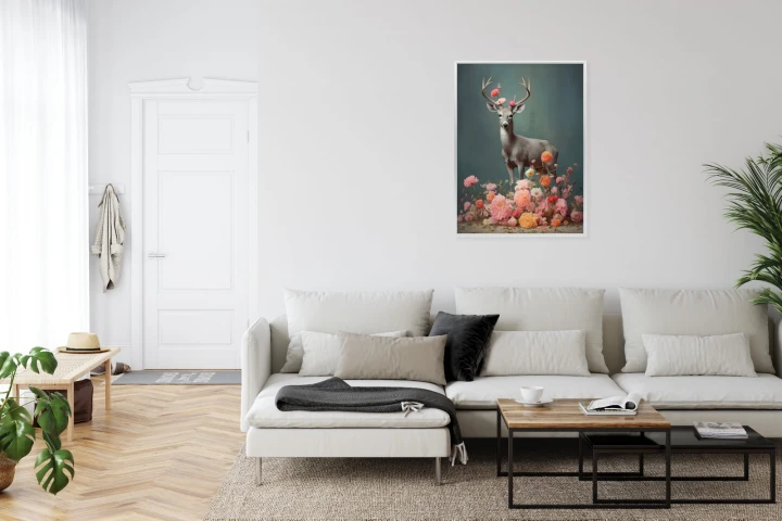 Plakat Jeleń Z Porożami I Mnóstwem Kwiatów