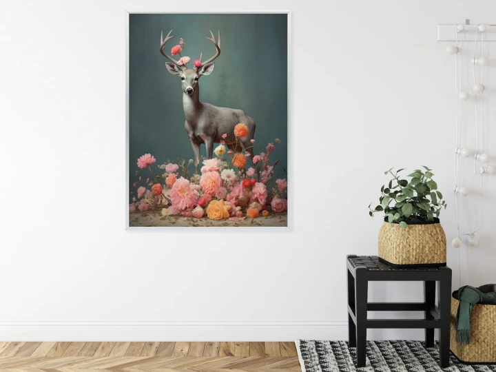 Plakat Jeleń Z Porożami I Mnóstwem Kwiatów