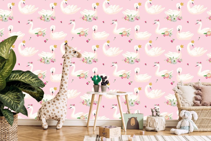 Tapeta Bajkowa Dla Dzieci, Łabędzie Kwiaty Natura