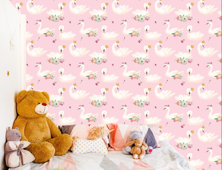 Tapeta Bajkowa Dla Dzieci, Łabędzie Kwiaty Natura