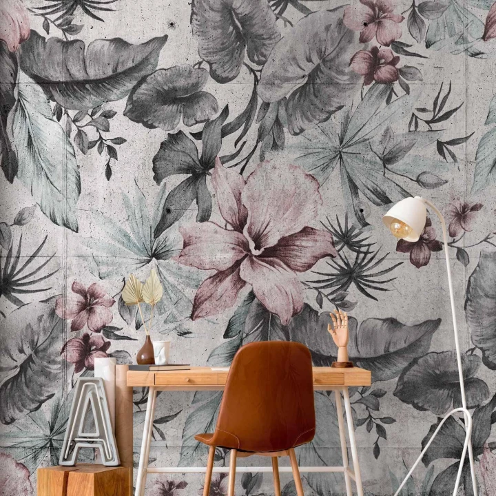 Fototapeta - Natura w stylu retro - pejzaż z liśćmi i kwiatami w szarych tonach