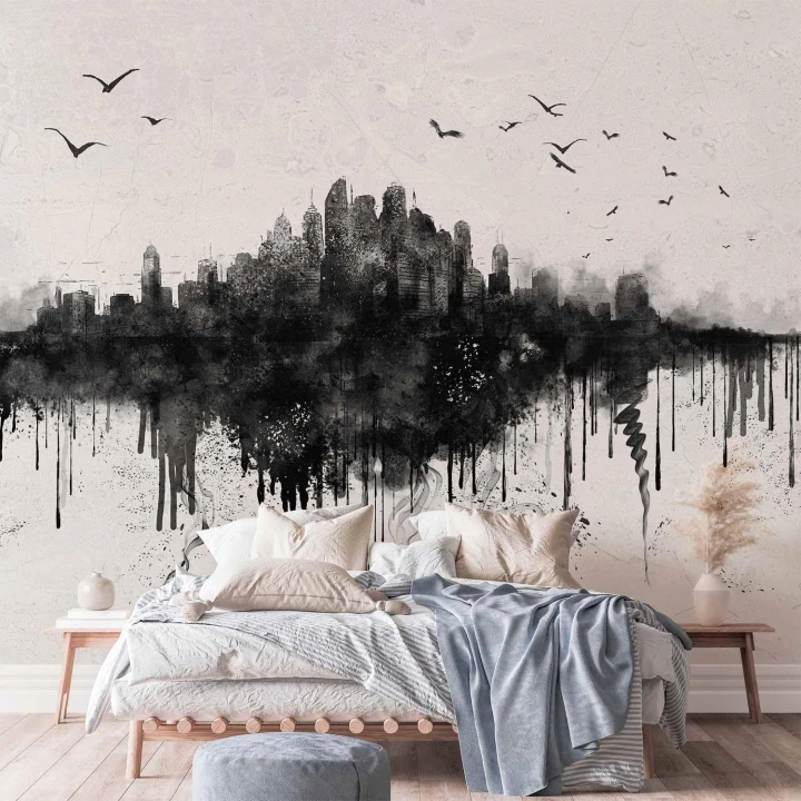 Fototapeta - Wielkie miasto - abstrakcyjna panorama miasta w stylu czarnej akwareli