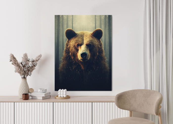 Plakat Ogromny Niedźwiedź W Zamglonym Lesie