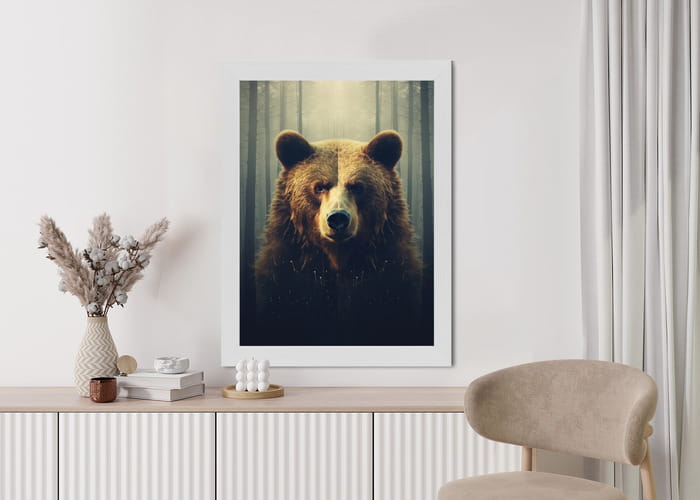 Plakat Ogromny Niedźwiedź W Zamglonym Lesie