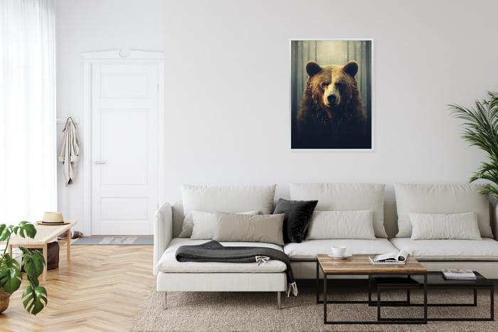 Plakat Ogromny Niedźwiedź W Zamglonym Lesie