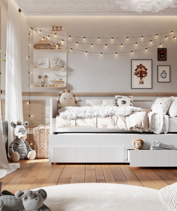 Aranżacja pokoju z białym łóżkiem wysuwanym Calmo