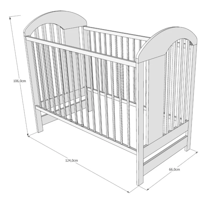 Rysunek techniczny łóżeczka dziecięcego Bear 120x60 z wymiarami