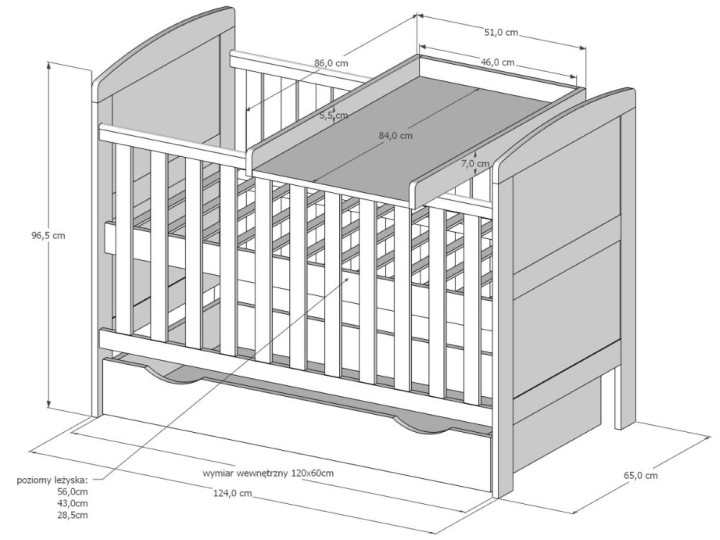 Rysunek techniczny łóżeczka 3w1 z przewijakiem 120x60 z wymiarami i poziomami leżyska