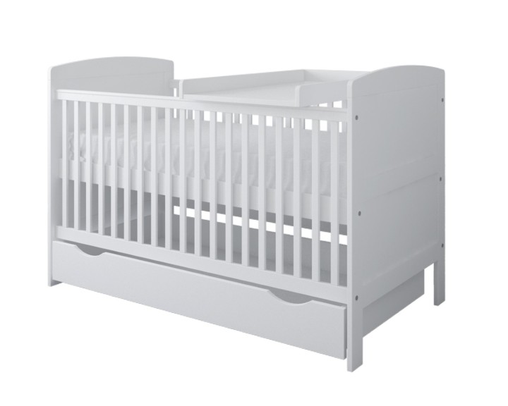 Białe łóżeczko 3w1 z przewijakiem 140x70 i szufladą pod łóżkiem