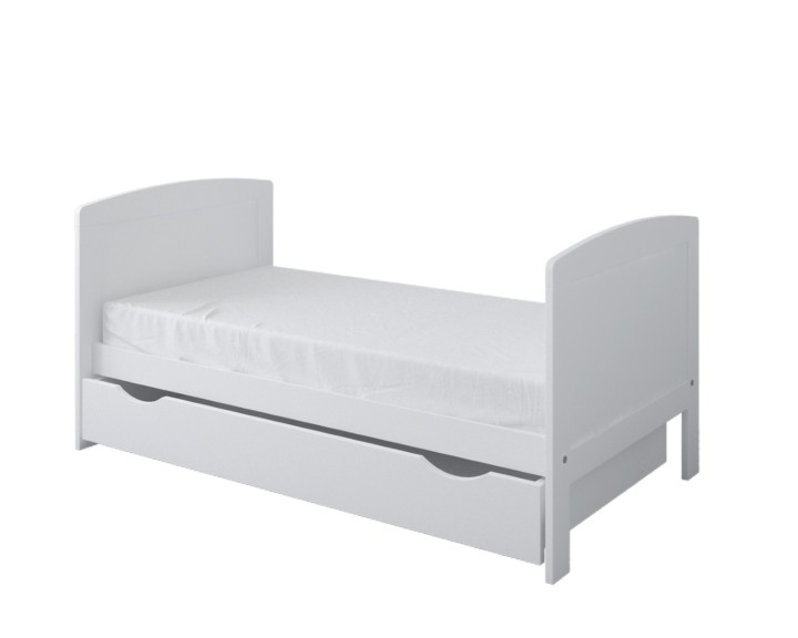Białe łóżeczko 3w1 przebudowane na tapczanik z szufladą