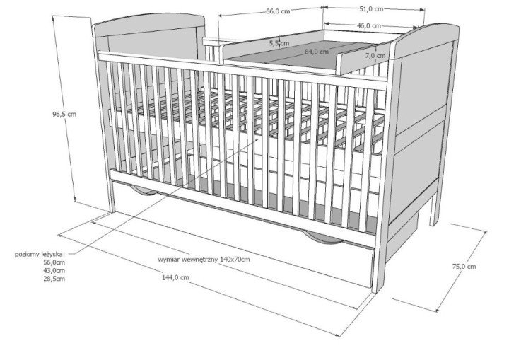 Rysunek techniczny łóżeczka 3w1 z przewijakiem 140x70 z wymiarami i poziomami leżyska