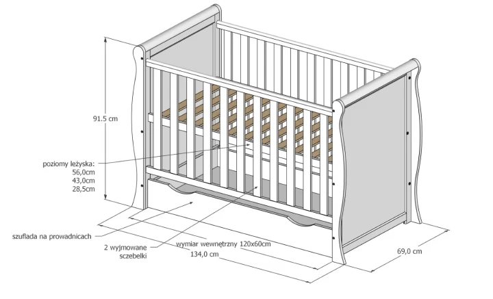 Rysunek techniczny łóżeczka dziecięcego z szufladą 120x60 z wymiarami i poziomami leżyska