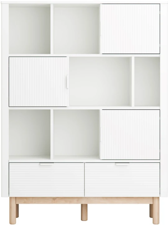 Front regału szerokiego Miloo z drzwiczkami i otwartymi półkami