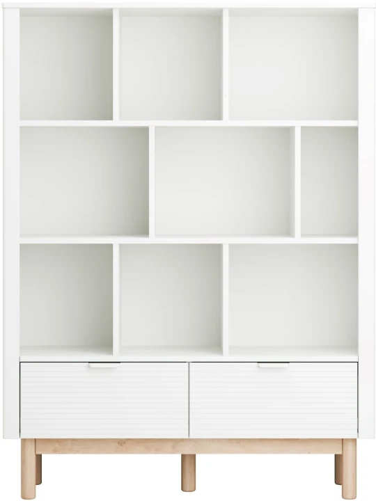 Front biały regału szerokiego Miloo z dziesięcioma półkami i szufladami