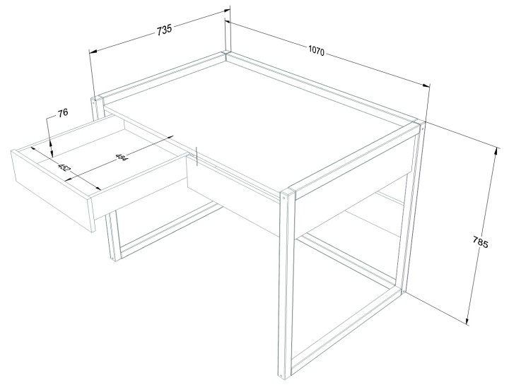 Biurko Tweens niebieskie 107x74x79 cm, rysunek techniczny z wymiarami