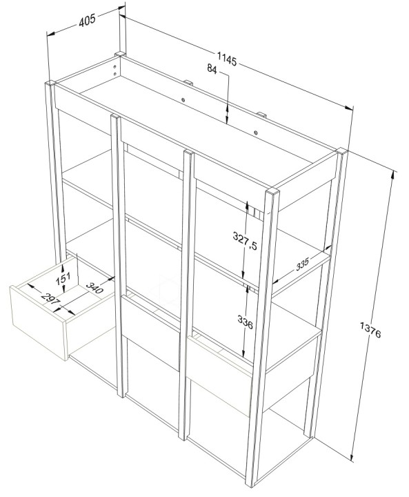 Rysunek techniczny regału Tweens niebieskiego 138x115x41 cm
