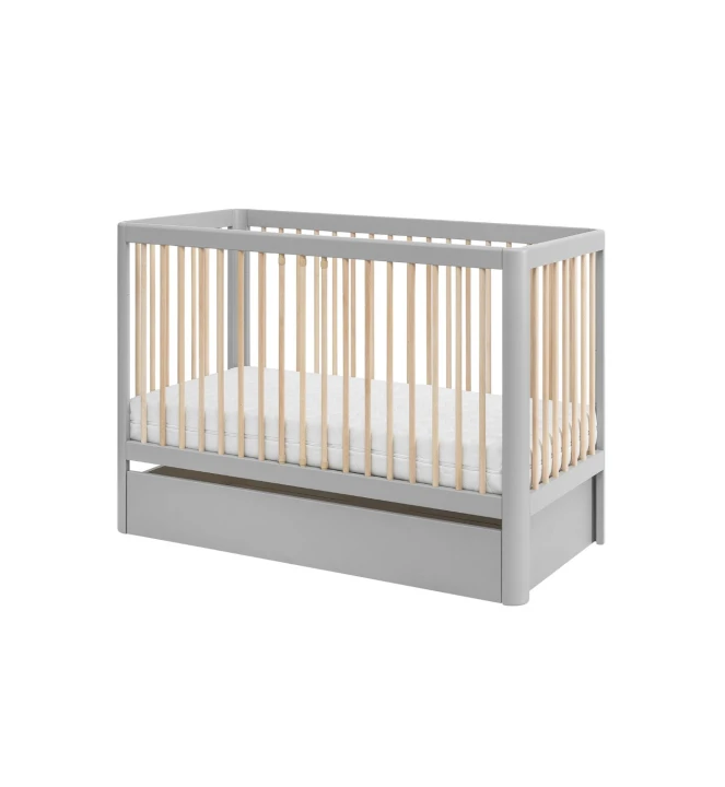 szare łóżeczko dziecięce z szufladą 120x60