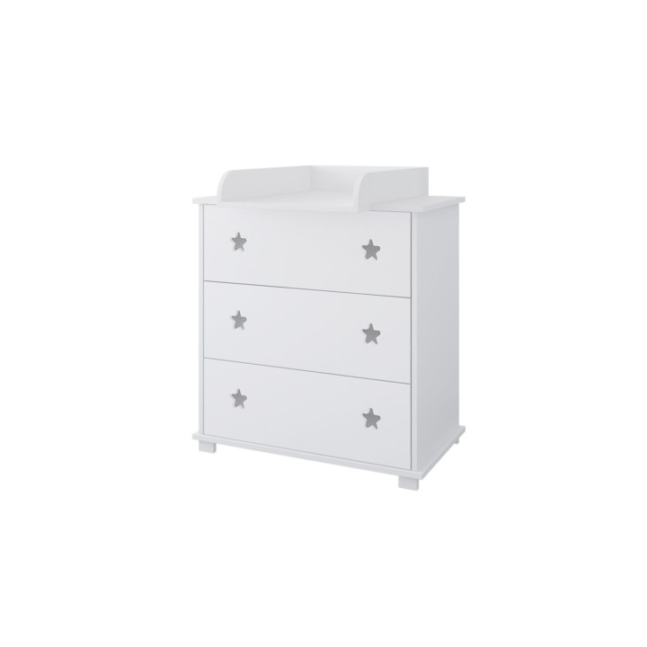 biała komoda z przewijakiem Stars z trzema szufladami i uchwytami w kształcie gwiazdek