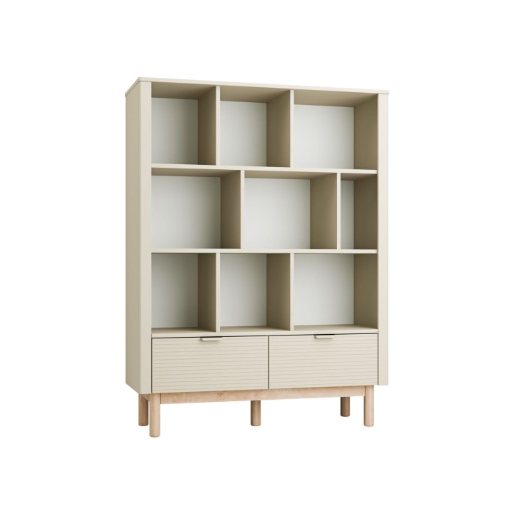 Regał szeroki Miloo szampański z otwartymi półkami i dwiema szufladami