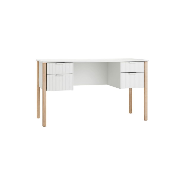 Białe biurko Miloo z bukowymi nogami i czterema szufladami