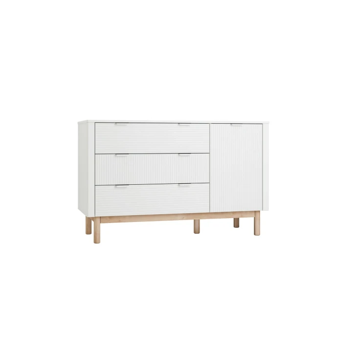 Komoda Miloo biała z szufladami i drzwiami na bukowych nóżkach