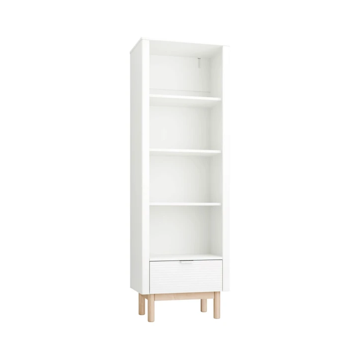 Regał wysoki Miloo biały z trzema półkami i szufladą na bukowych nóżkach