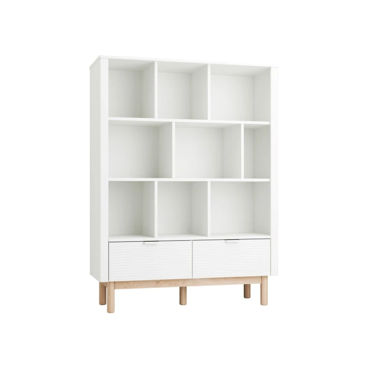 Biały regał szeroki Miloo z otwartymi półkami i dwiema szufladami na dole