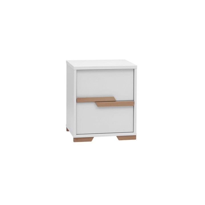 Biała szafka nocna Snap z dwiema szufladami i bukowymi uchwytami