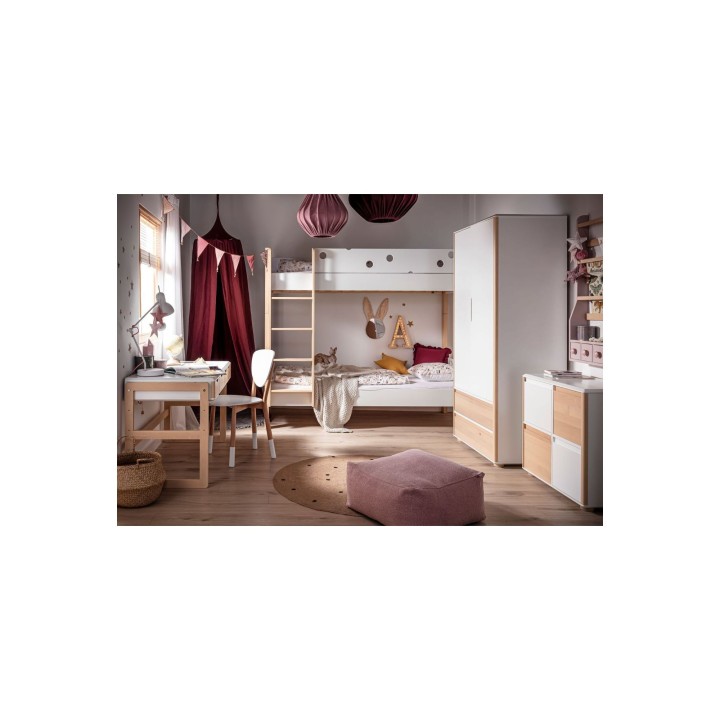 Meble dla dziewczynki zestaw Funflex z łóżkiem piętrowym, biurkiem, szafą i niską komodą