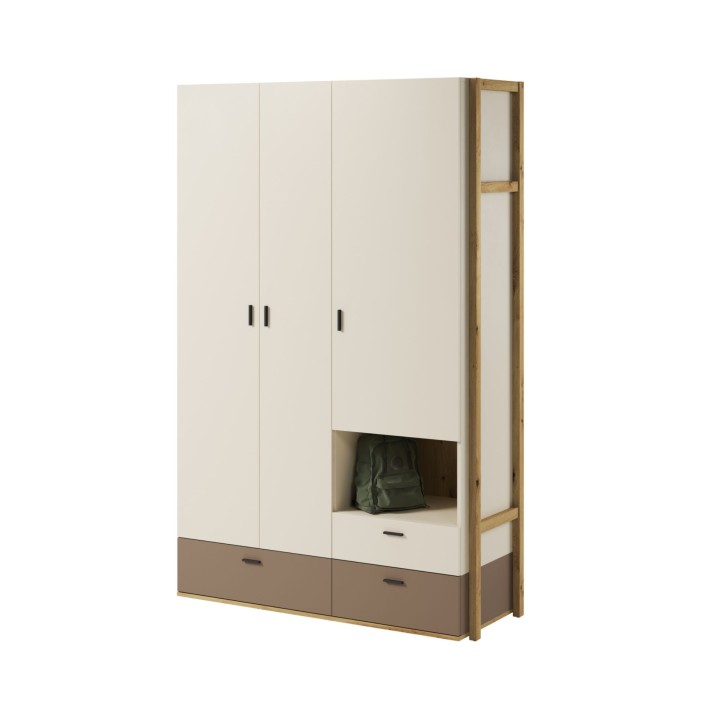 Duża szafa młodzieżowa Lenny trzydrzwiowa w kolorze beż piaskowy z truflowymi szufladami