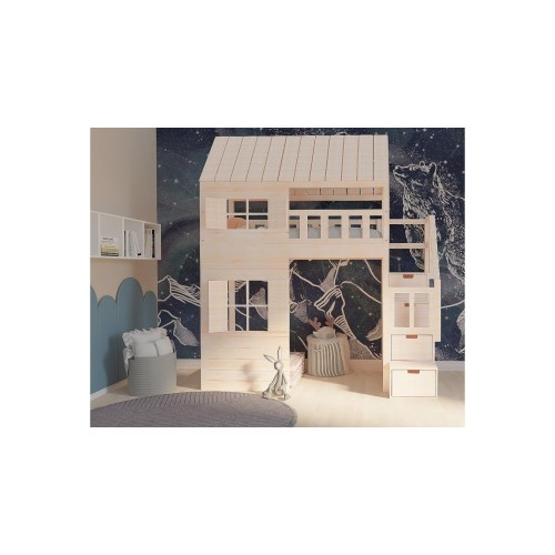 Łóżko domek antresola w naturalnym wykończeniu