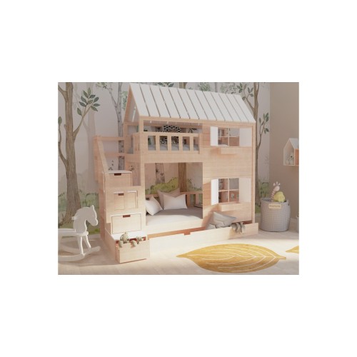 łóżko piętrowe ze schodami, naturalne drewno