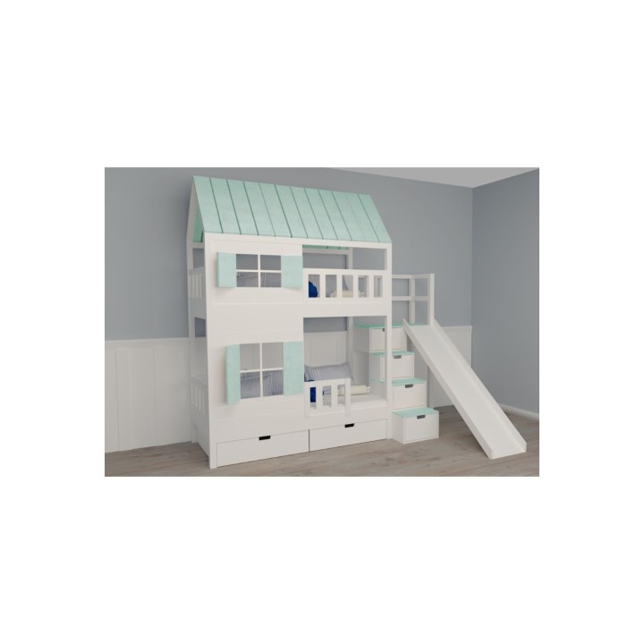 łóżko piętrowe domek ze schodkami i zjeżdżalnią