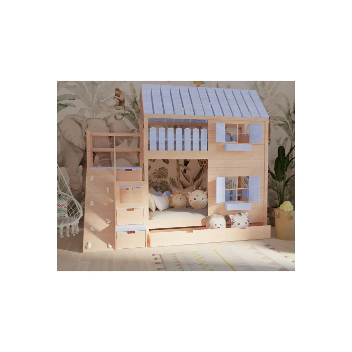 łóżko piętrowe ze schodkami i ścianką wspinaczkową