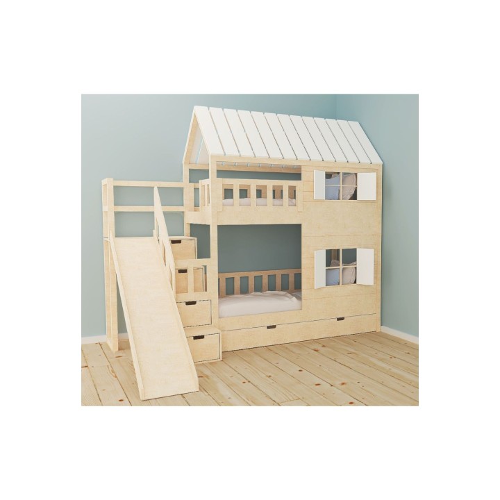 Łóżko piętrowe ze schodkami i zjeżdżalnią, drewno sosnowe