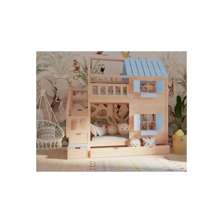 Łóżko piętrowe domek ze schodami, dachem i oknami