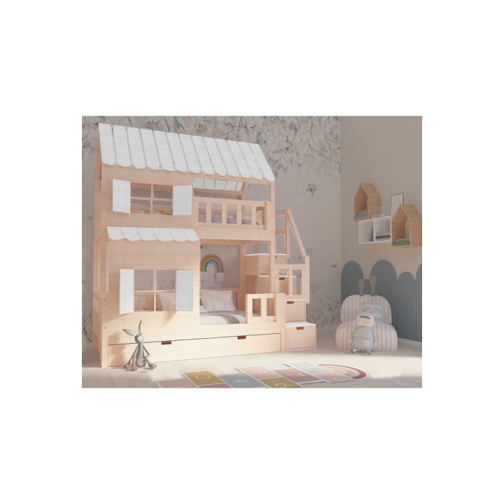 Łóżko piętrowe domek ze schodami, szerokie dolne łóżko