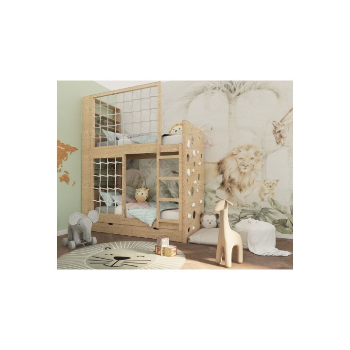 Łóżko piętrowe z regałem i ścianką wspinaczkową